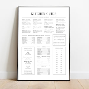 May include: Black and white kitchen guide poster with a cooking glossary, boiling times for vegetables, internal meat temperatures, metric and British/American conversion charts, and a temperature conversion chart.
