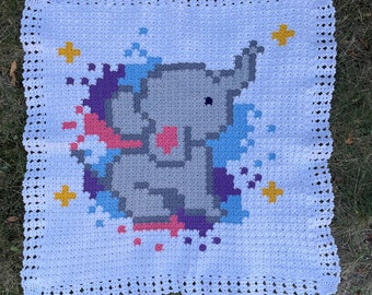 Pixel baby blanket with elephant motif for girls and boys