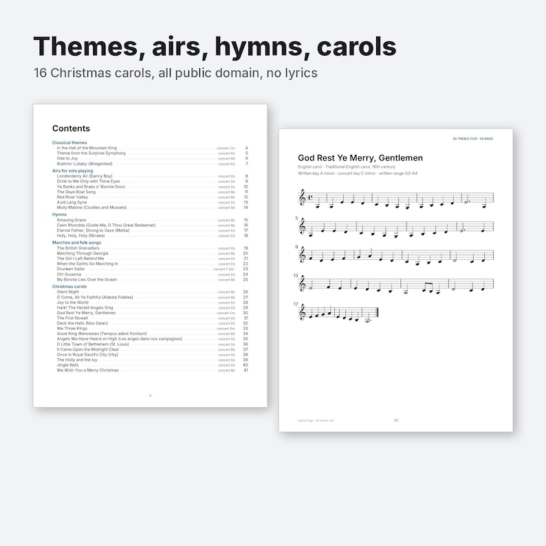 May include: A music book titled Themes, airs, hymns, carols featuring 16 Christmas carols. The left page displays a table of contents listing classical themes, airs, hymns, and carols. The right page shows sheet music for God Rest Ye Merry, Gentlemen.