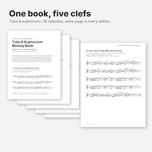 May include: A Tuba and Euphonium melody book featuring 38 public domain melodies. The cover displays the title, edition information, and a musical excerpt of In the Hall of the Mountain King. Multiple pages are fanned out, showing sheet music.