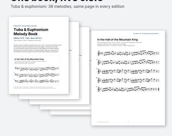 Tuba Euphonium Sheet Music PDF, 38 Melodies in 5 Editions, Bass Clef, Bb and Eb Treble Clef, Brass Band, Christmas Carols