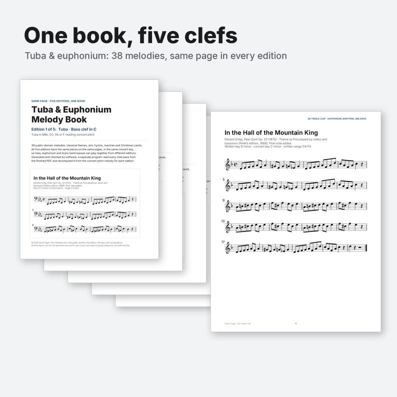 May include: A Tuba and Euphonium melody book featuring 38 public domain melodies. The cover displays the title, edition information, and a musical excerpt of In the Hall of the Mountain King. Multiple pages are fanned out, showing sheet music.