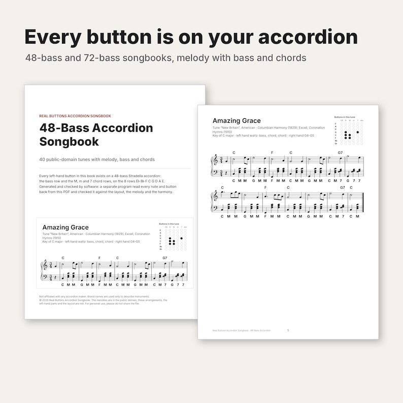 Accordion Songbook Bundle PDF, 48 Bass and 72 Bass Editions, 82 Tune Settings with Stradella Bass and Chords, Sheet Music image 1
