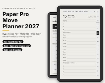 Agenda 2026 2027 para reMarkable Paper Pro Move, plantilla PDF con enlaces, formato 9:16 nativo, letra grande, diaria semanal mensual