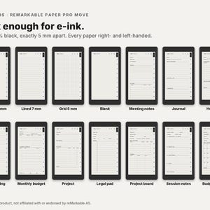 May include: A digital collection of 14 paper templates for the reMarkable Paper Pro, featuring layouts like dot grid 5 mm, lined 7 mm, grid 5 mm, blank, meeting notes, journal, health log, handwriting, monthly budget, project, legal pad, and budget tracker.