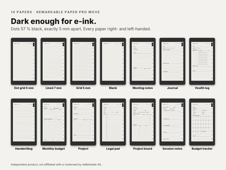 May include: A digital collection of 14 paper templates for the reMarkable Paper Pro, featuring layouts like dot grid 5 mm, lined 7 mm, grid 5 mm, blank, meeting notes, journal, health log, handwriting, monthly budget, project, legal pad, and budget tracker.