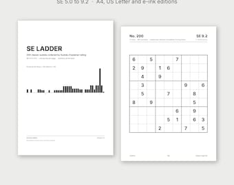 Libro de sudokus difíciles en PDF: 200 sudokus ordenados por nivel SE de 5,0 a 9+, imprimible A4 y Carta + versión e-ink con enlaces