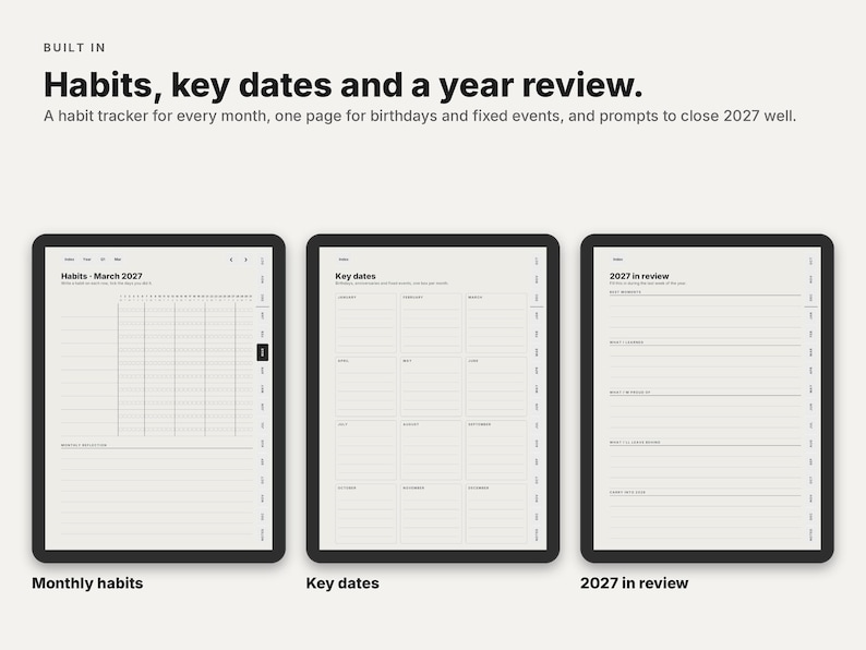 May include: A digital planner interface displaying three pages: a March 2027 habit tracker with a grid, a key dates page with monthly sections, and a 2027 in review page with lined prompts. The text reads: Habits, key dates and a year review.