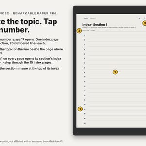May include: A digital tablet screen displaying a linked index template for reMarkable Paper Pro. The interface features numbered lines for topics, navigation arrows, and instructional text explaining how to tap numbers to open specific pages.