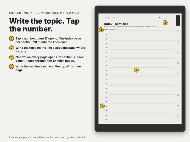 May include: A digital tablet screen displaying a linked index template for reMarkable Paper Pro. The interface features numbered lines for topics, navigation arrows, and instructional text explaining how to tap numbers to open specific pages.