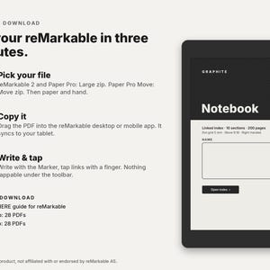 May include: A digital instruction guide for reMarkable tablets featuring three steps: pick your file, copy it, and write and tap. The text includes download contents like a START-HERE guide, large zip, and move zip files, alongside a tablet graphic.