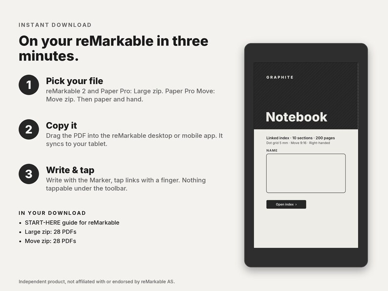 May include: A digital instruction guide for reMarkable tablets featuring three steps: pick your file, copy it, and write and tap. The text includes download contents like a START-HERE guide, large zip, and move zip files, alongside a tablet graphic.
