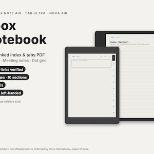 Puede incluir: Un cuaderno digital Boox en PDF con índice y pestañas con hipervínculos, que incluye 200 páginas, 10 secciones y 14 estilos de papel. La interfaz muestra una cuadrícula de puntos y una página de índice rayada en dos tabletas negras para diestros y zurdos.