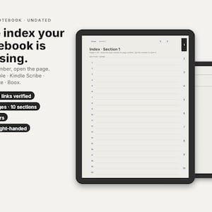 Puede incluir: Un cuaderno digital e-ink con una página de índice, secciones numeradas y pestañas de navegación. El texto dice: The index your notebook is missing. Tap a number, open the page. reMarkable, Kindle Scribe, Supernote, Boox. 328,160 enlaces verificados, 200 páginas, 10 secciones, 14 papeles, para zurdos y diestros.