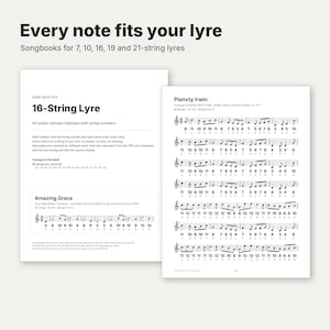 Puede incluir: Un cancionero digital para liras de 7, 10, 16, 19 y 21 cuerdas titulado Every note fits your lyre. Las p&aacute;ginas muestran notaci&oacute;n musical con n&uacute;meros de cuerda y nombres de notas para melod&iacute;as como Amazing Grace y Planxty Irwin en tinta negra.