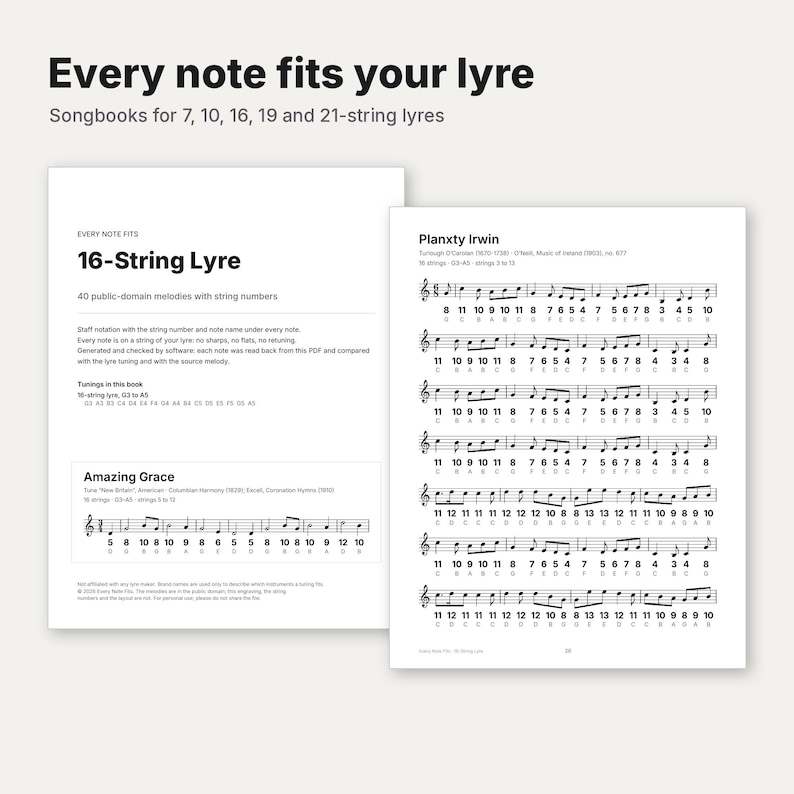Puede incluir: Un cancionero digital para liras de 7, 10, 16, 19 y 21 cuerdas titulado Every note fits your lyre. Las p&aacute;ginas muestran notaci&oacute;n musical con n&uacute;meros de cuerda y nombres de notas para melod&iacute;as como Amazing Grace y Planxty Irwin en tinta negra.