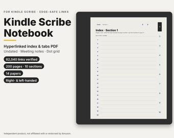 Cuaderno Kindle Scribe, plantilla PDF con índice enlazado y pestañas, enlaces lejos de los bordes, reuniones, puntos, rayado, sin fecha