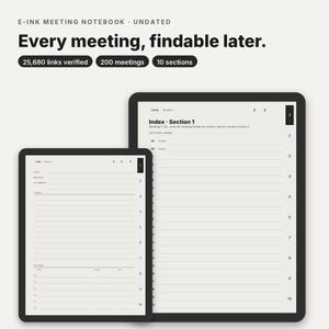 Meeting Notes Template for reMarkable, Kindle Scribe, Supernote, Boox, Hyperlinked Meeting Notebook PDF, Index, Action Items, Project Pages