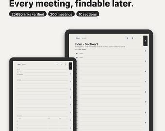 Plantilla de notas de reunión para reMarkable, Kindle Scribe, Supernote, Boox, cuaderno PDF con índice enlazado