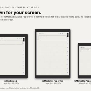 May include: Three digital tablets labeled reMarkable 2, reMarkable Paper Pro, and reMarkable Paper Pro Move. Text reads: Drawn for your screen. A 3:4 file for reMarkable 2 and Paper Pro, a native 9:16 file for the Move: no white bars, no text below 8 pt.