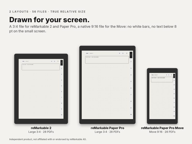 May include: Three digital tablets labeled reMarkable 2, reMarkable Paper Pro, and reMarkable Paper Pro Move. Text reads: Drawn for your screen. A 3:4 file for reMarkable 2 and Paper Pro, a native 9:16 file for the Move: no white bars, no text below 8 pt.