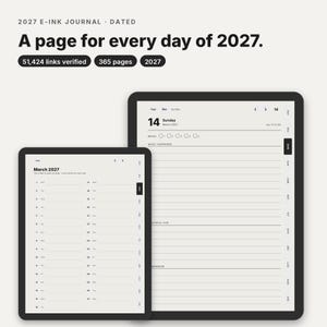 Puede incluir: Un diario electrónico fechado para 2027 con 365 páginas y 51,424 enlaces verificados. La interfaz digital muestra una vista de calendario mensual a la izquierda y una página diaria detallada a la derecha, con secciones para notas y estado.