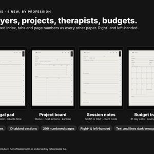 May include: A digital planner set featuring 14 paper templates including a legal pad, project board, session notes, and budget tracker. The interface displays 10 tabbed sections, a linked index, and 200 numbered pages designed for e-ink devices.