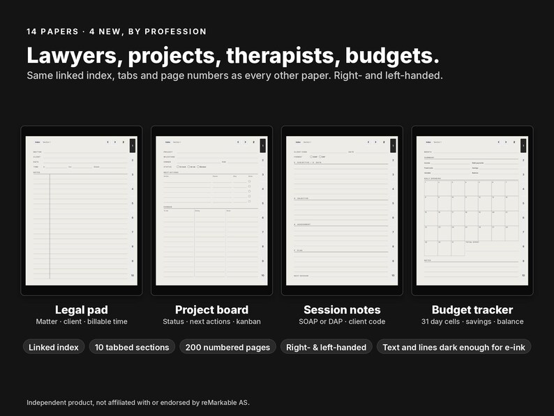May include: A digital planner set featuring 14 paper templates including a legal pad, project board, session notes, and budget tracker. The interface displays 10 tabbed sections, a linked index, and 200 numbered pages designed for e-ink devices.