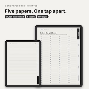 Könnte beinhalten: Zwei digitale Tablets mit einem E-Ink-Papierpaket und undatierten Vorlagen. Der Text lautet: E-INK PAPER PACK UNDATED, Five papers. One tap apart., 36,320 links verified, 5 papers, 500 pages. Die Bildschirme zeigen eine Indexseite und liniertes Papier.