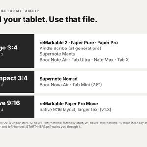 May include: A digital guide titled Find your tablet. Use that file. It lists file options for tablets including reMarkable 2, Paper Pure, Paper Pro, Kindle Scribe, Supernote Manta, Boox Note Air, Tab Ultra, Note Max, Tab X, Nomad, and Tab Mini 7.8 inch.