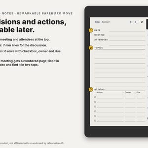 May include: A digital tablet displaying a meeting notes template with sections for date, meeting, attendees, topics with 7 mm lines, and an actions list with checkboxes, owner, and due date columns, alongside numbered pages for indexing.