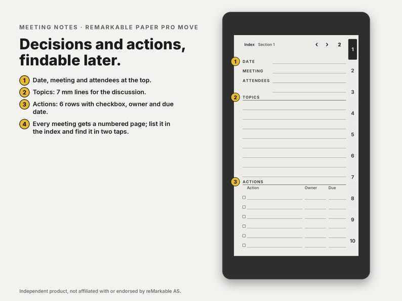 May include: A digital tablet displaying a meeting notes template with sections for date, meeting, attendees, topics with 7 mm lines, and an actions list with checkboxes, owner, and due date columns, alongside numbered pages for indexing.