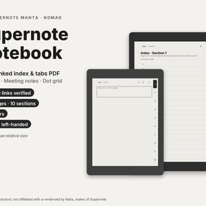 Cuaderno Supernote para Manta y Nomad, plantilla PDF con índice enlazado y pestañas, notas de reunión, puntos, rayado, sin fecha