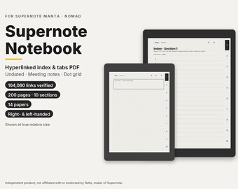 Cuaderno Supernote para Manta y Nomad, plantilla PDF con índice enlazado y pestañas, notas de reunión, puntos, rayado, sin fecha