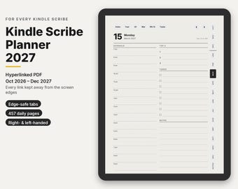 Agenda 2026 2027 para Kindle Scribe, plantilla PDF con enlaces y pestañas lejos del borde, diaria semanal mensual, para zurdos
