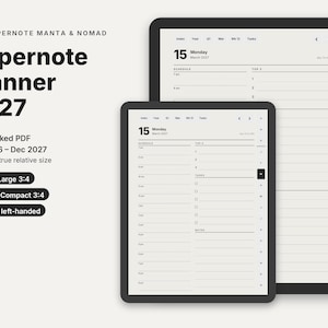 Supernote Planner 2026 2027, Manta and Nomad Templates, Hyperlinked PDF Daily Weekly Monthly E-ink Planner, Left Handed