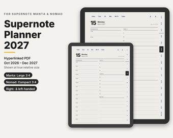 Agenda 2026 2027 para Supernote Manta y Nomad, plantillas PDF con enlaces, diaria semanal mensual, tinta electrónica, para zurdos