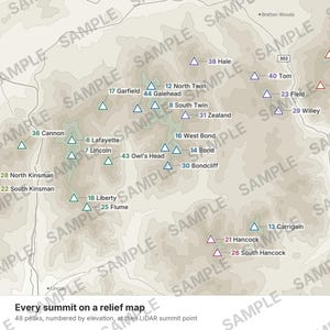 May include: A topographic relief map featuring numbered mountain peaks, including Cannon, Lafayette, Lincoln, and others. The map displays elevation points with triangle icons and labels, overlaid with a repeating watermark text that reads SAMPLE.