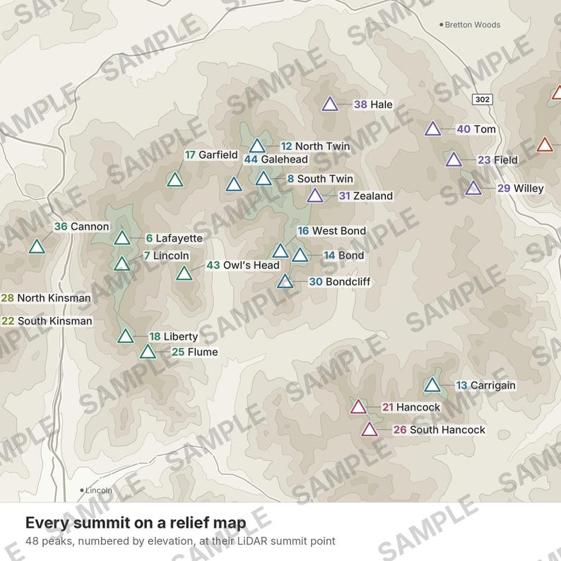 May include: A topographic relief map featuring numbered mountain peaks, including Cannon, Lafayette, Lincoln, and others. The map displays elevation points with triangle icons and labels, overlaid with a repeating watermark text that reads SAMPLE.