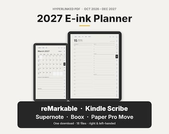 reMarkable Planner 2026 2027, Hyperlinked PDF E-ink Templates for Kindle Scribe, Supernote, Boox & Paper Pro Move, Daily Weekly