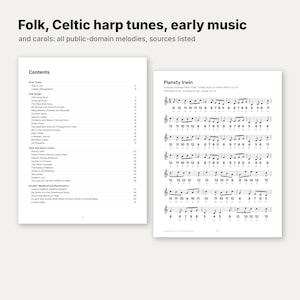 Puede incluir: Un libro de m&uacute;sica titulado Folk, Celtic harp tunes, early music and carols. La p&aacute;gina izquierda muestra una tabla de contenido con varias canciones. La p&aacute;gina derecha muestra la notaci&oacute;n musical de Planxty Irwin con indicadores de cuerda numerados.
