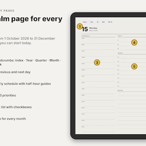 May include: A digital daily planner interface on a tablet screen featuring 457 pages dated from 1 October 2026 to 31 December 2027. The layout includes an hourly schedule, a top three priorities section, a task list with checkboxes, and monthly tabs.