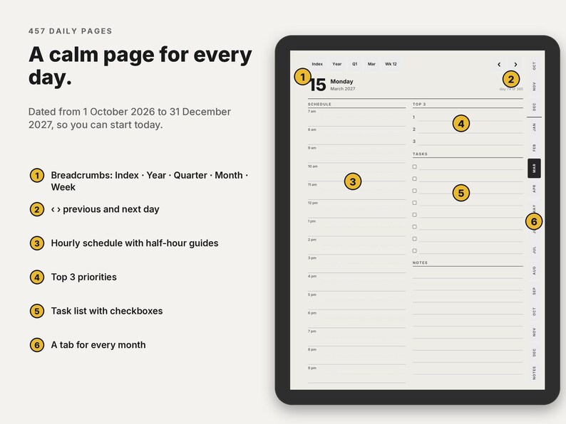 May include: A digital daily planner interface on a tablet screen featuring 457 pages dated from 1 October 2026 to 31 December 2027. The layout includes an hourly schedule, a top three priorities section, a task list with checkboxes, and monthly tabs.