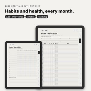 Może przedstawiać: Cyfrowy tracker nawyków i zdrowia na rok 2027 wyświetlony na dwóch ekranach tabletów. Interfejs zawiera miesięczną siatkę na marzec 2027 oraz dziennik zdrowia do śledzenia snu, objawów i leków, z etykietami zawierającymi 3384 zweryfikowane linki.