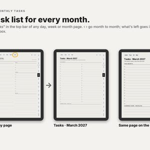 May include: A digital planner interface showing a task list feature. The text reads: A task list for every month. Tap Tasks in the top bar of any day, week or month page. < > go month to month; what's left goes in the backlog box. Three tablet screens display daily, monthly, and backlog task views.