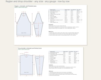 Calculadora de jersey para máquina de tejer, raglán y hombro caído, cualquier talla y galga, Excel y Google Sheets, en inglés