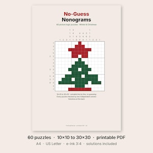 Nonogram-bok utan gissning, 60 utskrivbara logikpussel med bilder, julklapp, Griddlers Hanjie PDF, A4-bokstäver och eInk