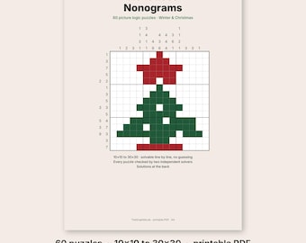 Libro de nonogramas sin adivinar, 60 pasatiempos de lógica imprimibles con dibujos, regalo de Navidad, PDF A4, Letter y e-ink