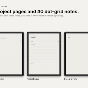 May include: Three digital tablet screens displaying a planner interface with the text ROOM TO THINK, 8 project pages and 40 dot-grid notes. Each with its own linked index, so a note is never more than two taps away. Includes a projects index, project page, and dot-grid note.