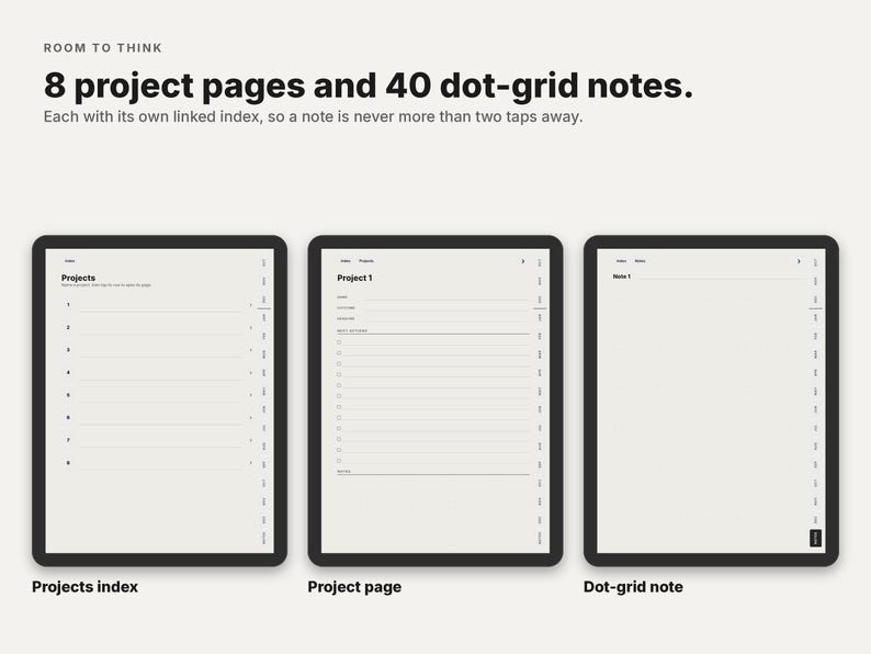May include: Three digital tablet screens displaying a planner interface with the text ROOM TO THINK, 8 project pages and 40 dot-grid notes. Each with its own linked index, so a note is never more than two taps away. Includes a projects index, project page, and dot-grid note.